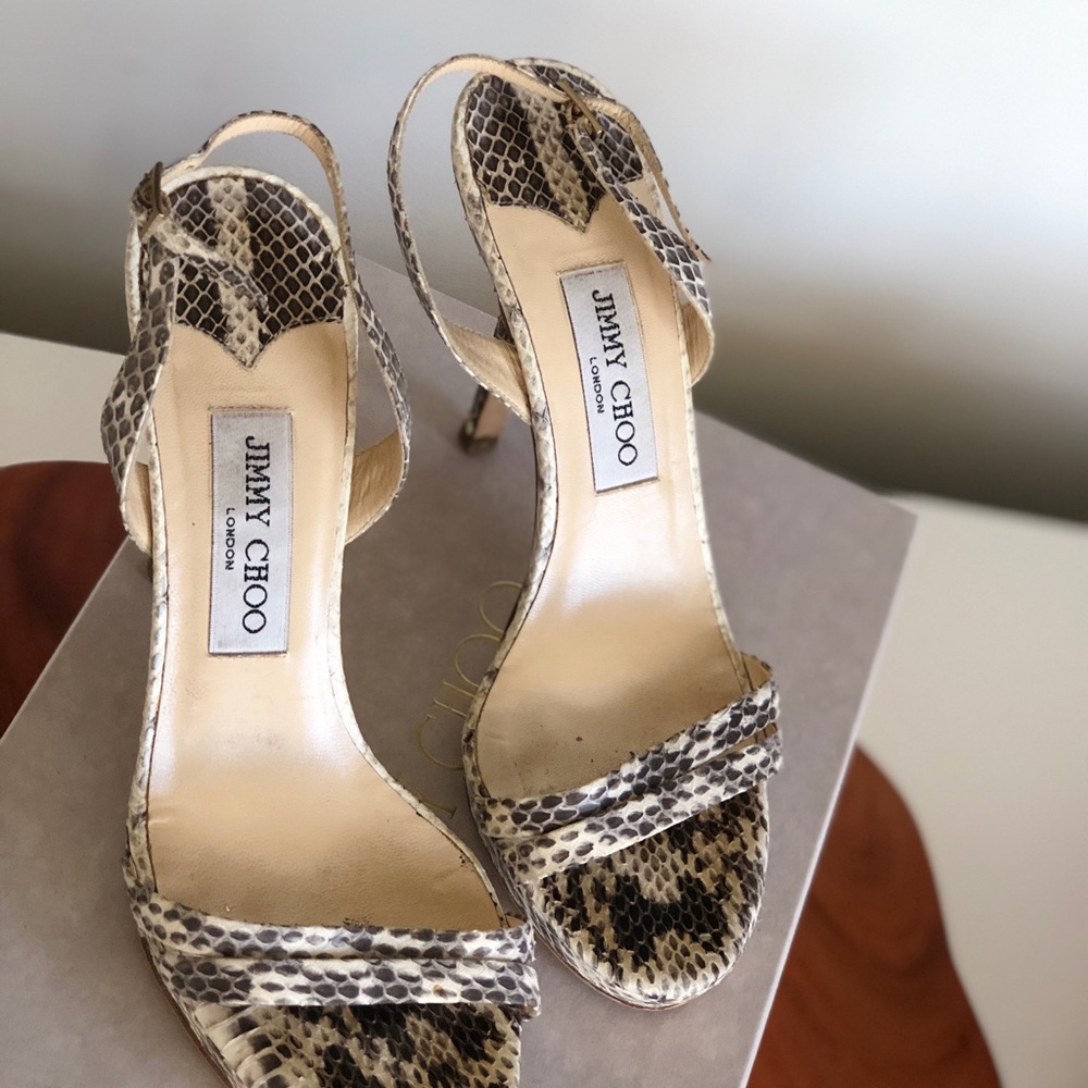 Jimmy Choo Snakeskin Print Slingback Heels in Beige and Black
